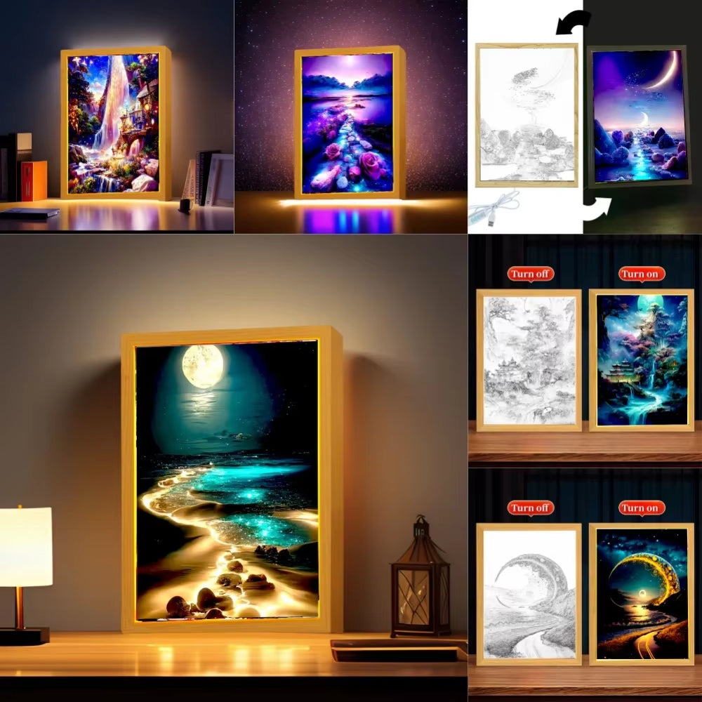 Modern Landscape LED Light Painting Wood Photo Frame