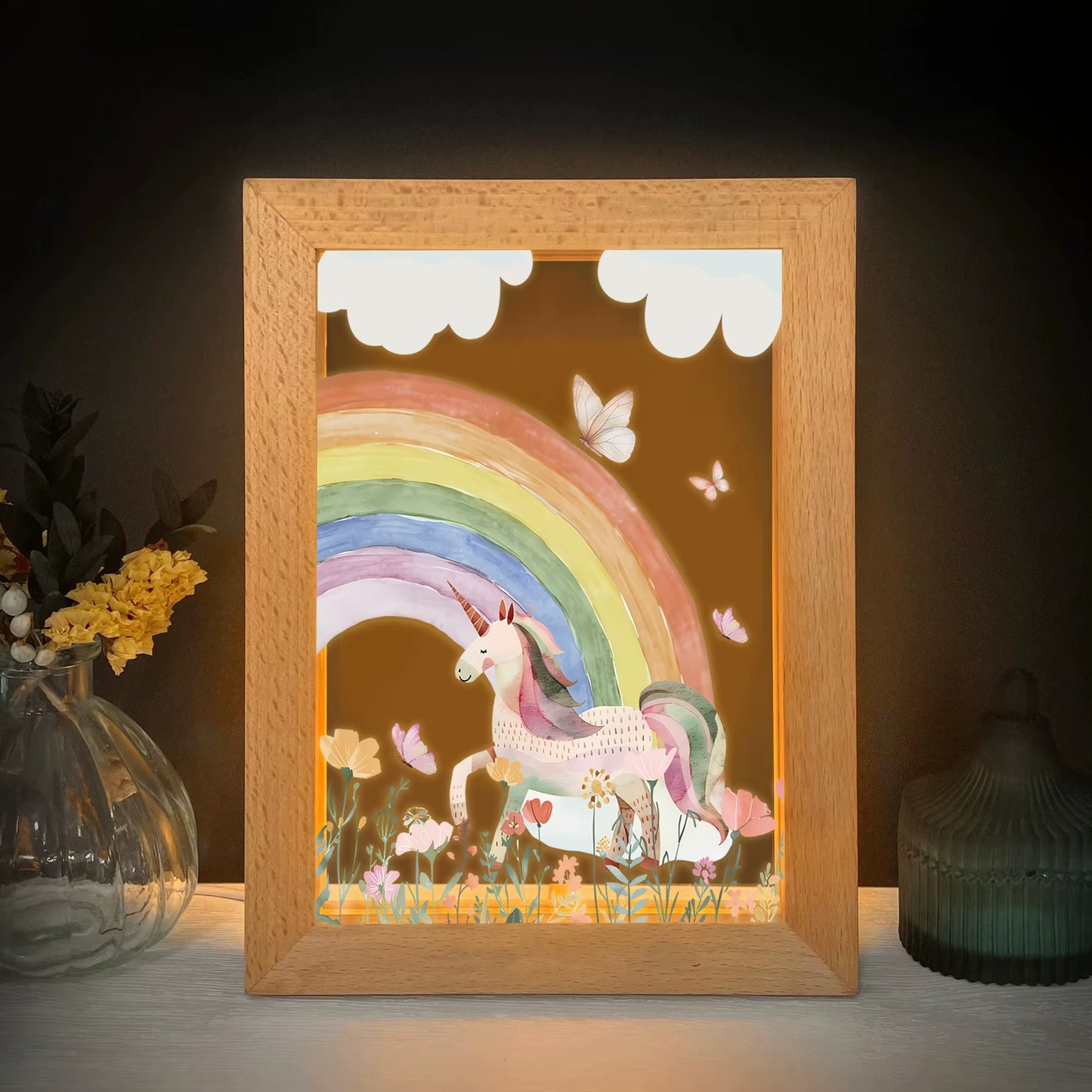 2D Flat White Horse Rainbow LED Wood Photo Frame