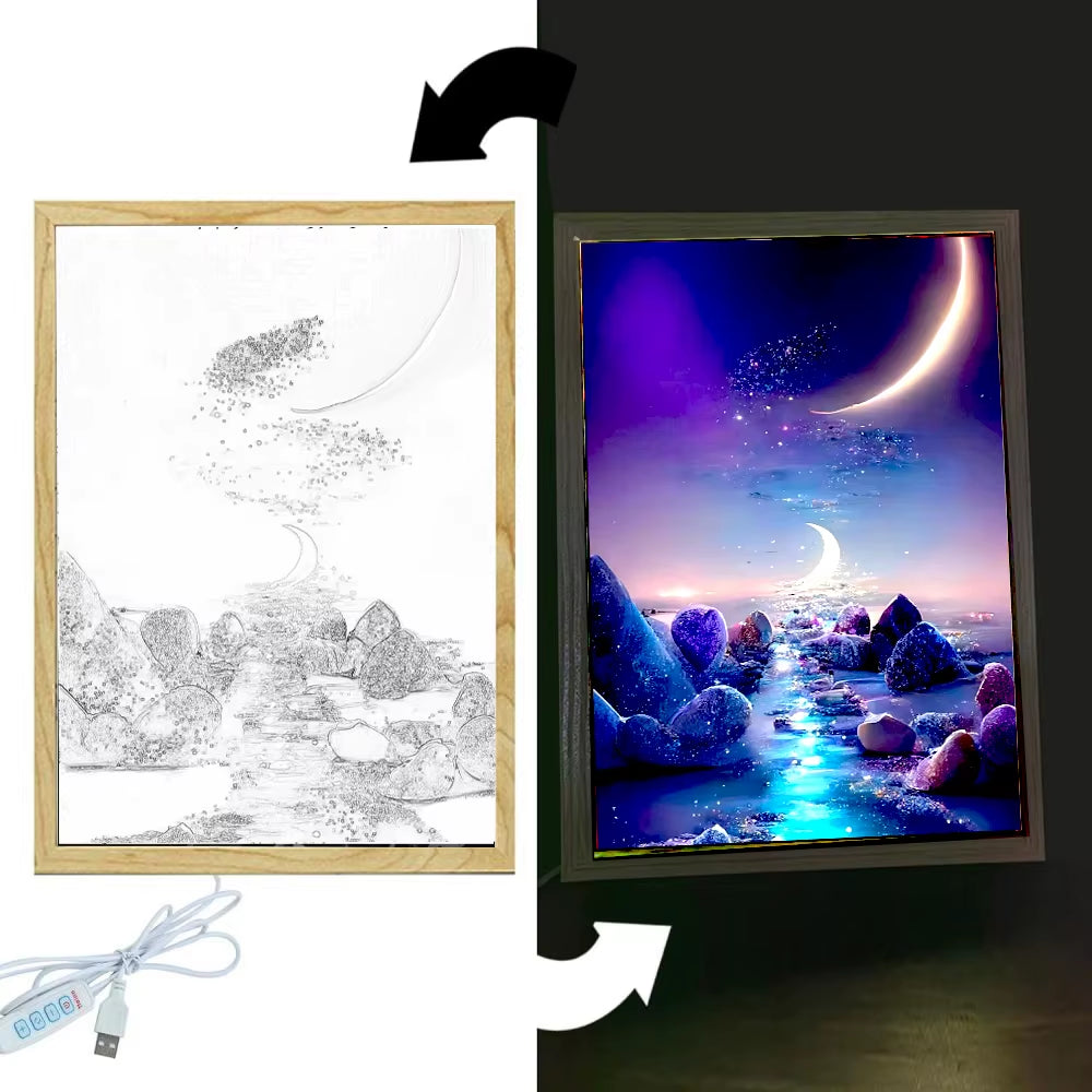 Modern Landscape LED Light Painting Wood Photo Frame