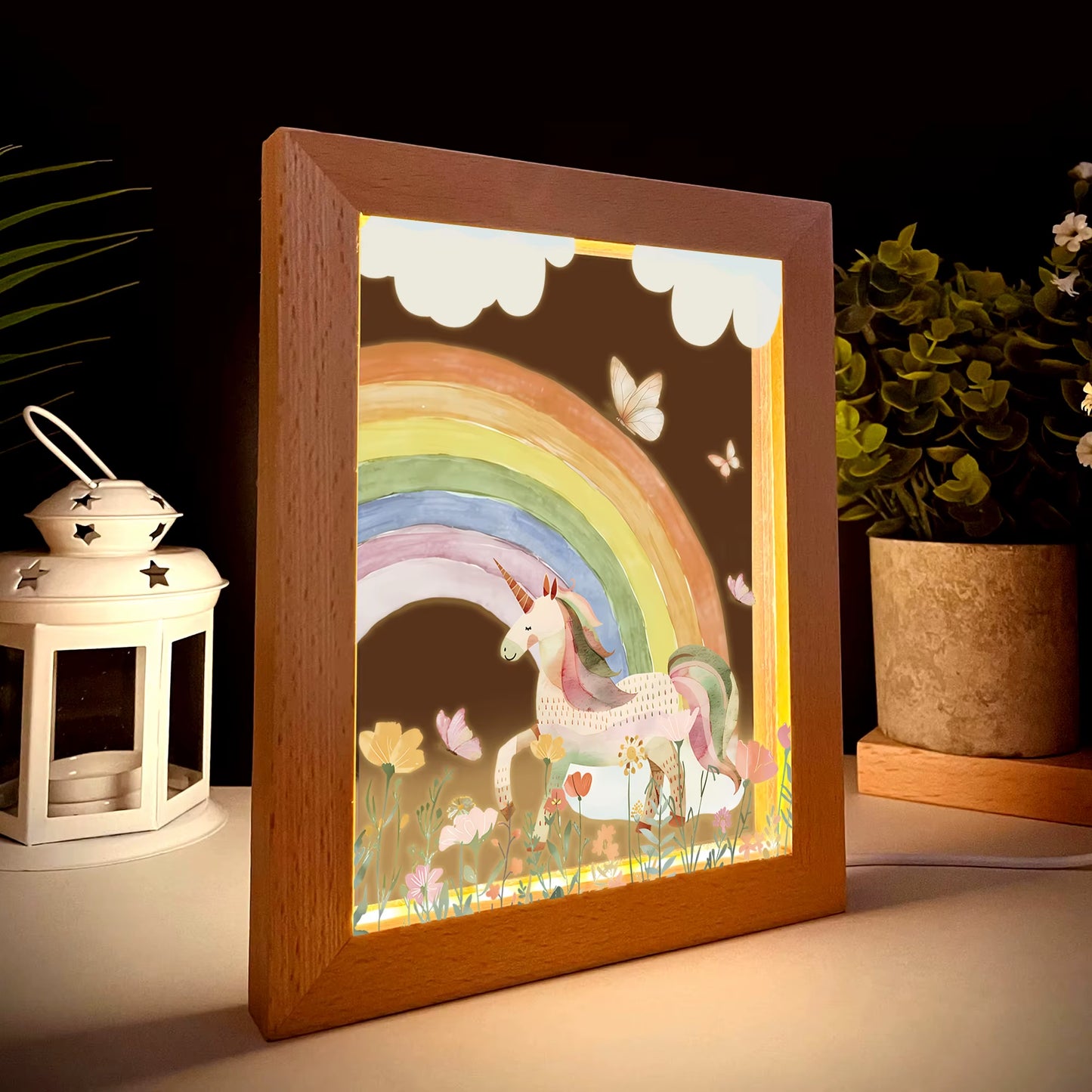 2D Flat White Horse Rainbow LED Wood Photo Frame