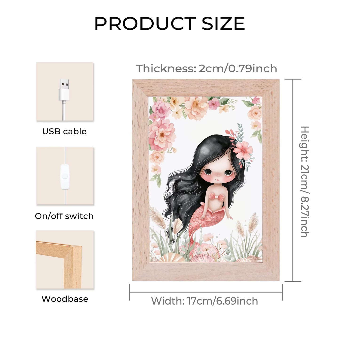 2D Flat Pink Mermaid LED Wood Photo Frame
