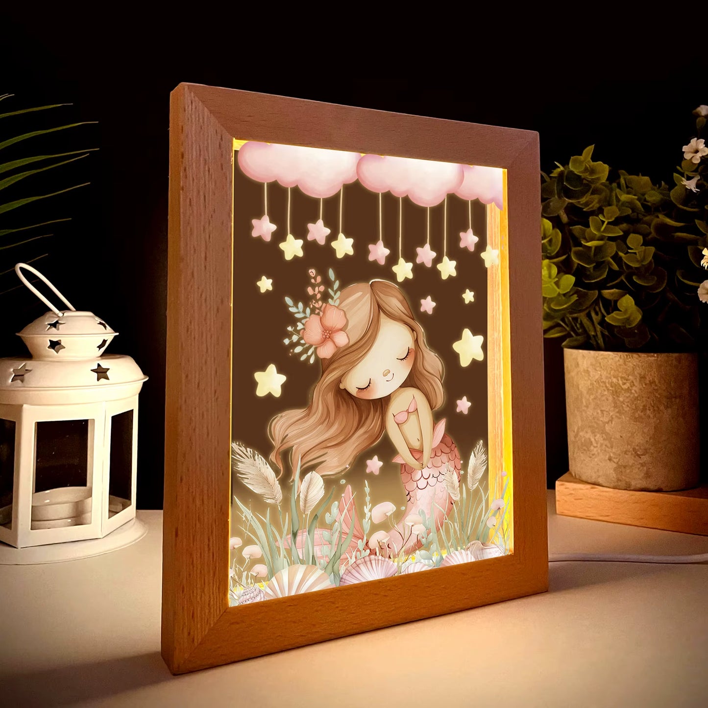 2D Flat Dream Mermaid LED Wood Photo Frame