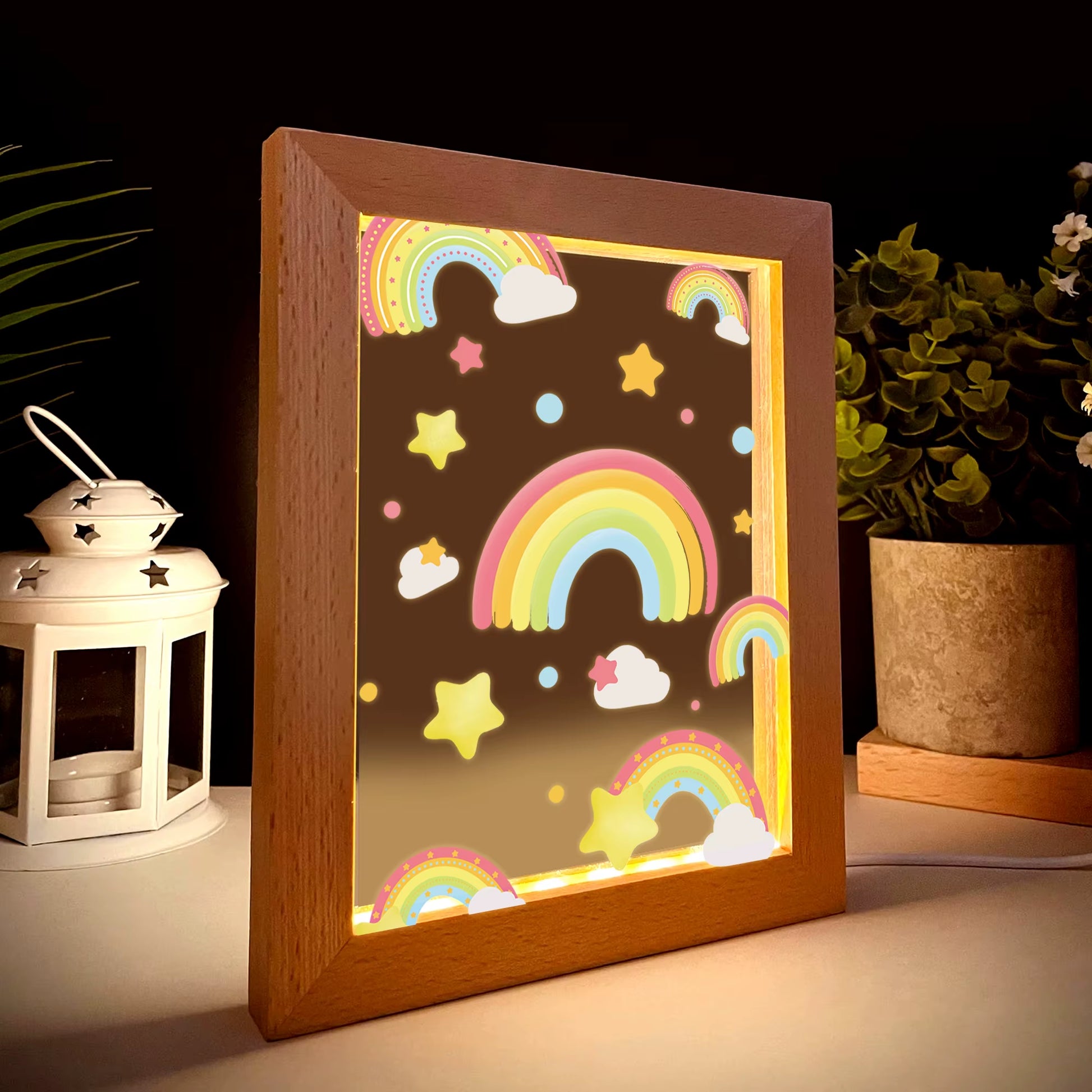 2D Flat Star Rainbow LED Wood Photo Frame