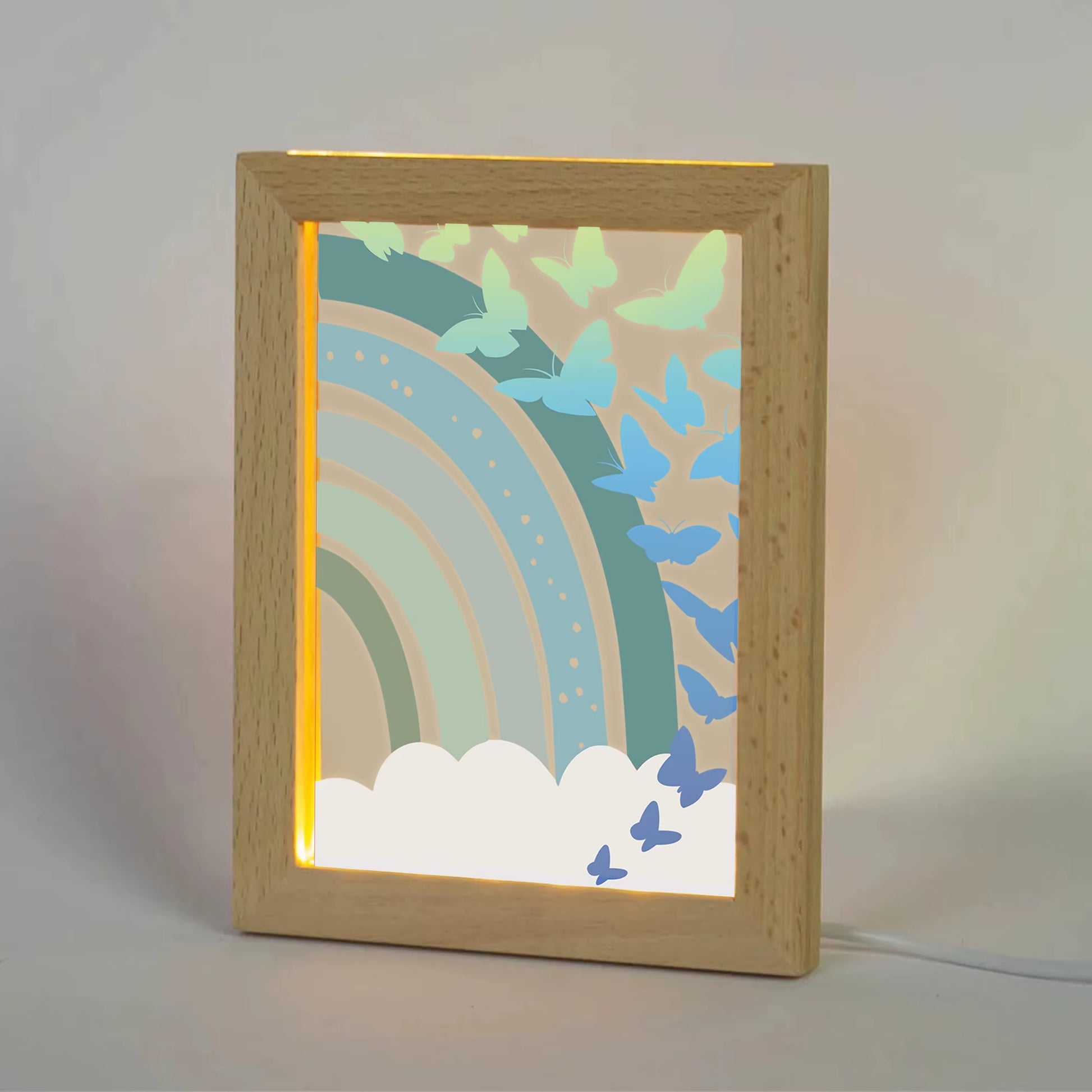 2D Flat Blue Rainbow Butterfly LED Wood Photo Frame