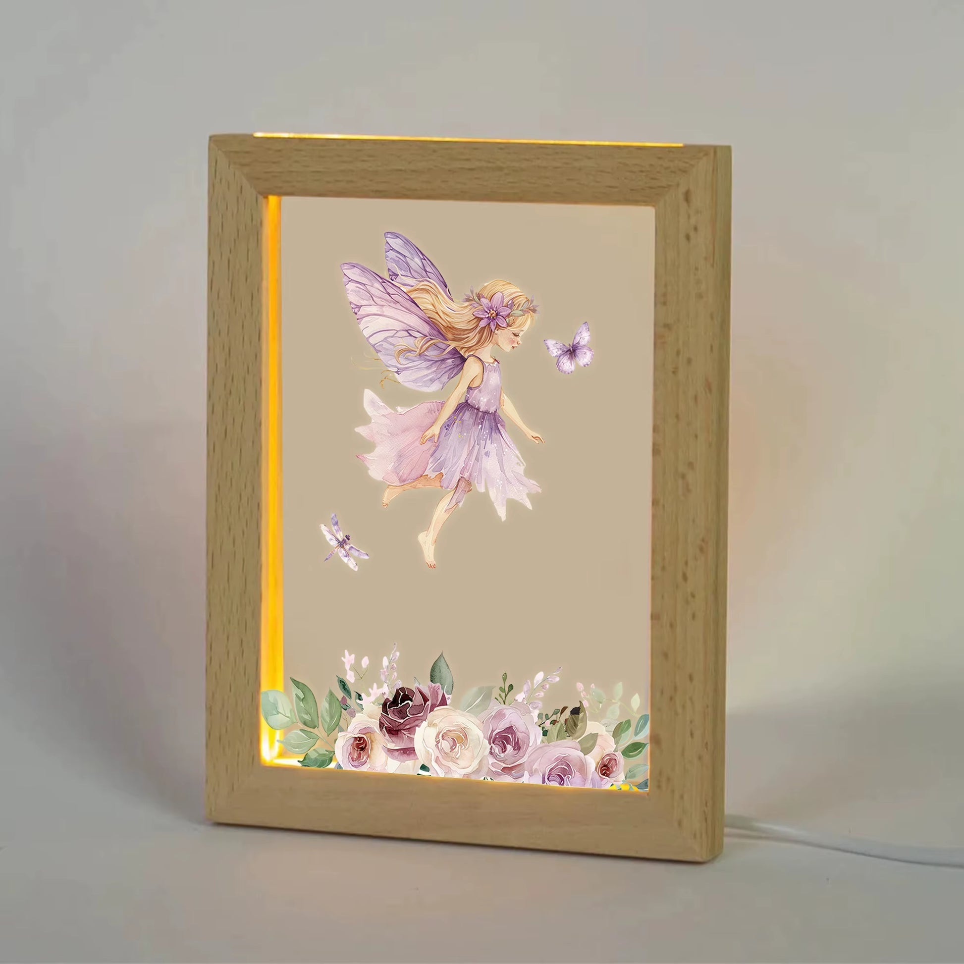 2D Flat Purple Fairy LED Wood Photo Frame