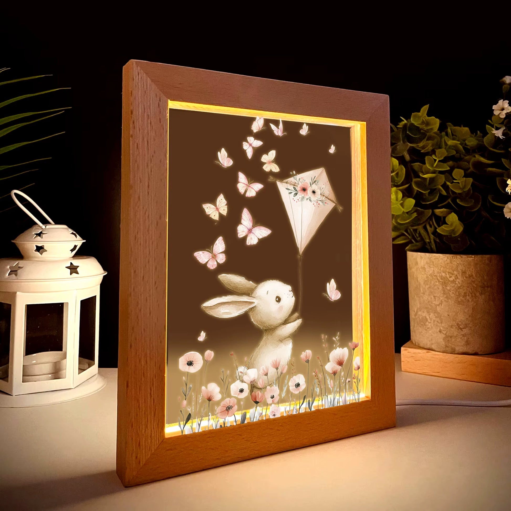 2D Flat Rabbit LED Wood Photo Frame