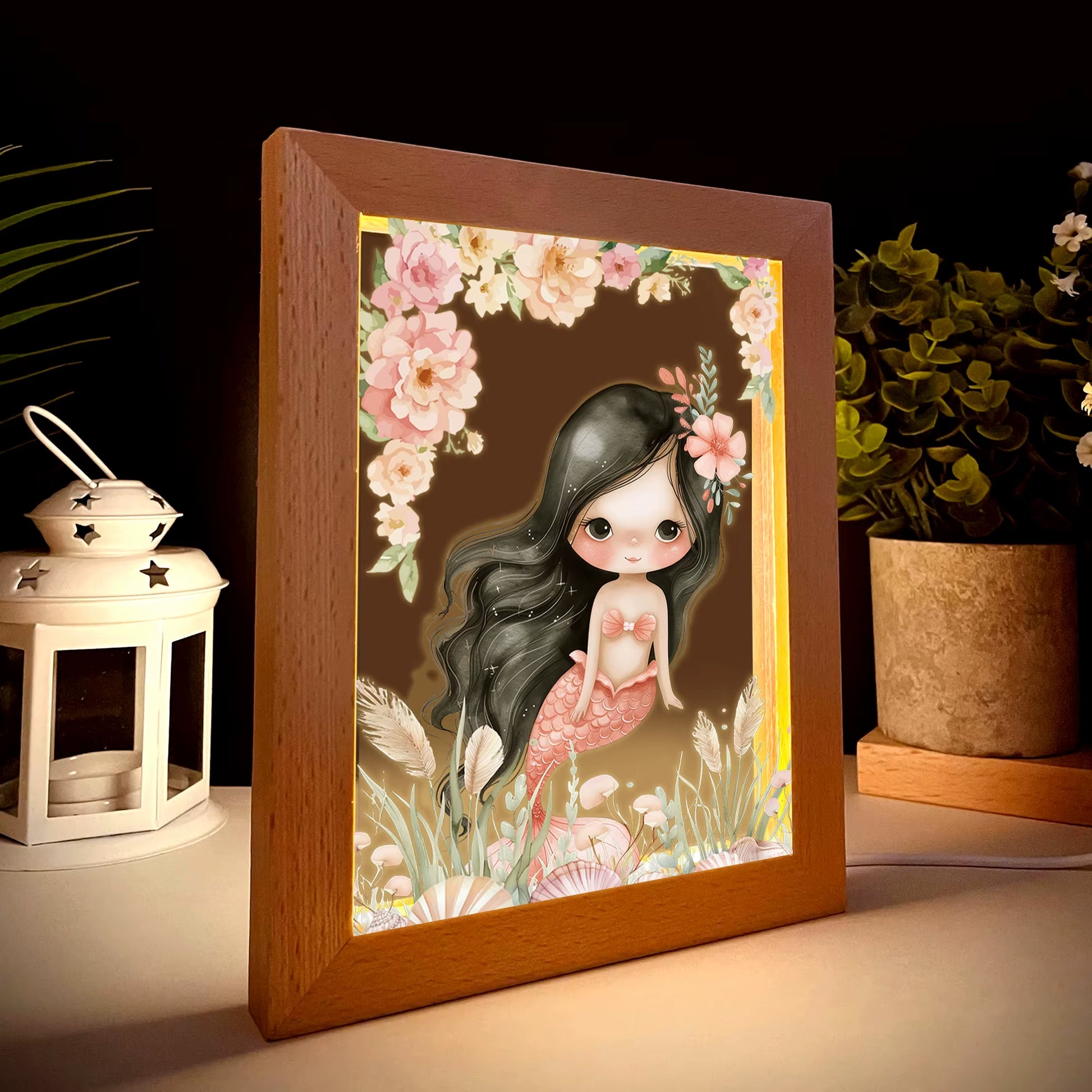 2D Flat Pink Mermaid LED Wood Photo Frame