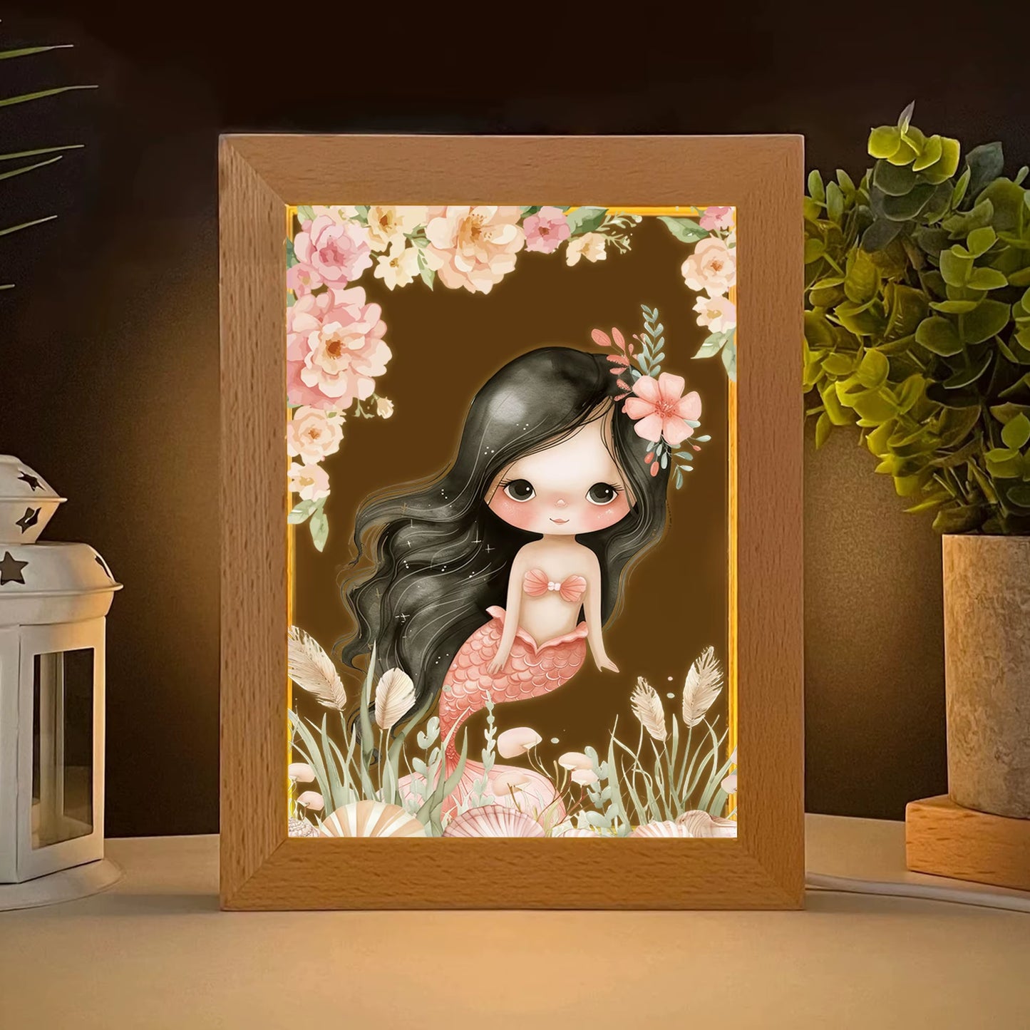2D Flat Pink Mermaid LED Wood Photo Frame