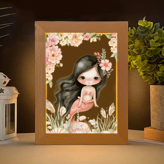 2D Flat Pink Mermaid LED Wood Photo Frame