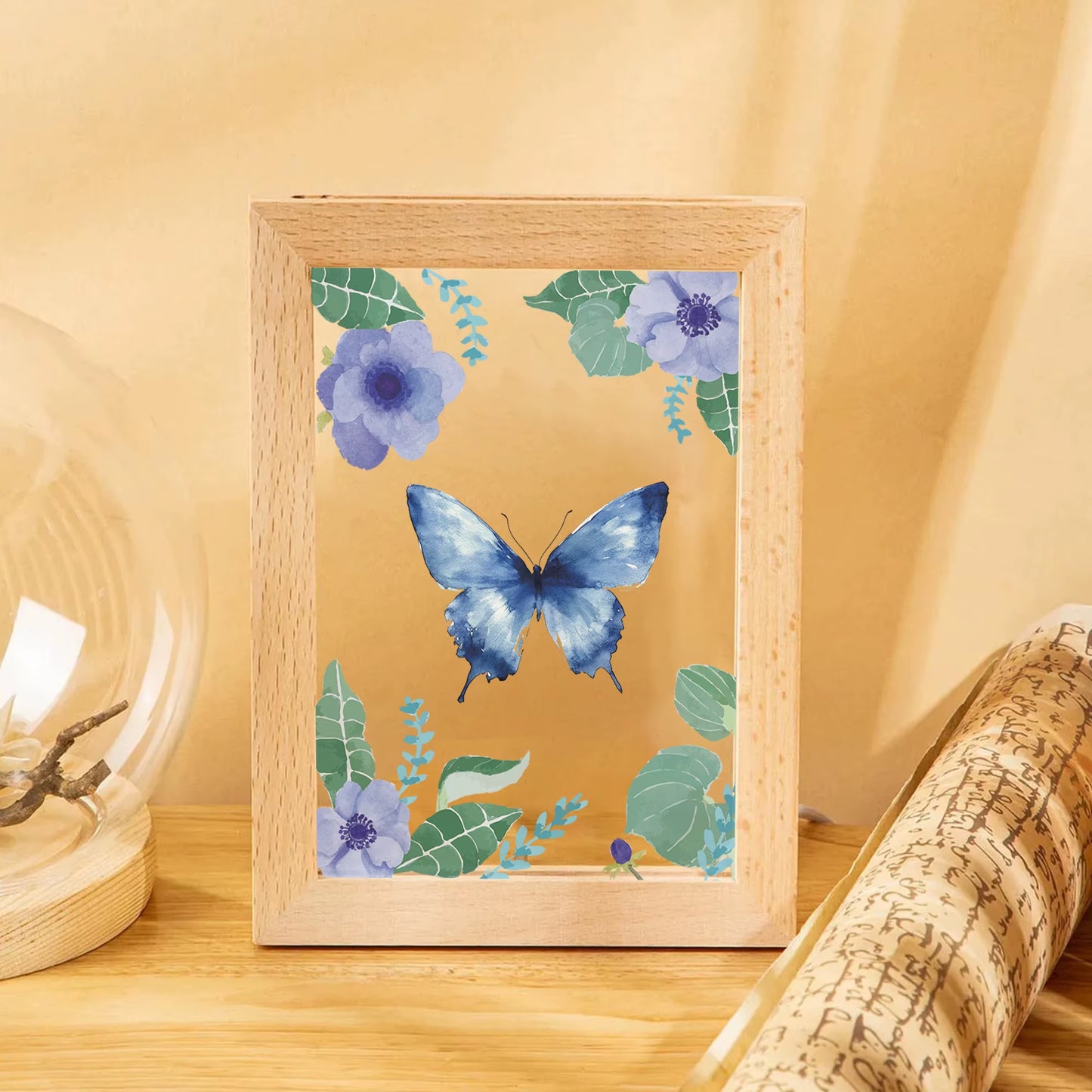 2D Flat Blue Butterfly LED Wood Photo Frame