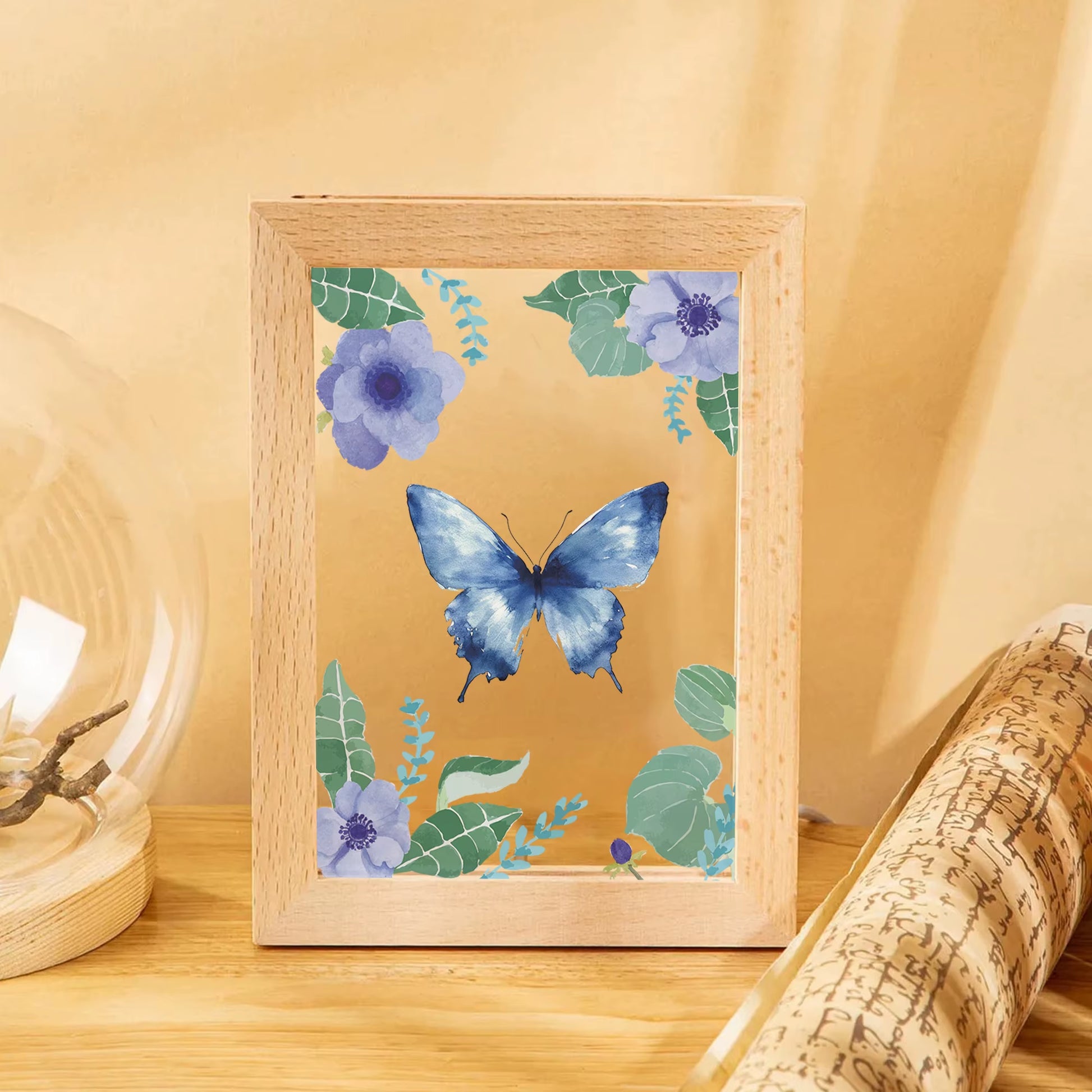 2D Flat Blue Butterfly LED Wood Photo Frame