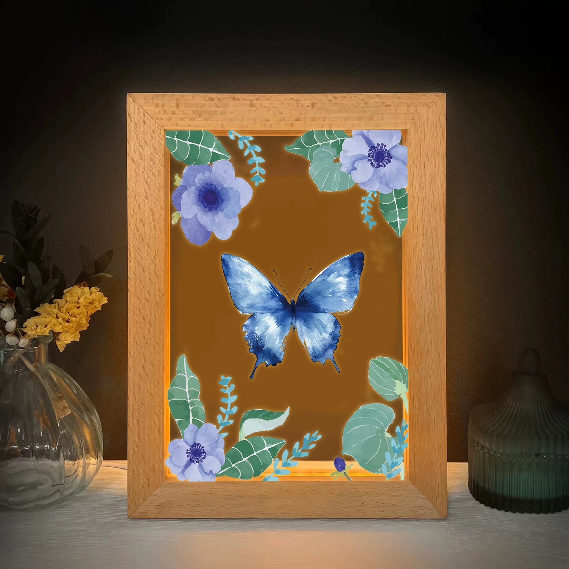 2D Flat Blue Butterfly LED Wood Photo Frame