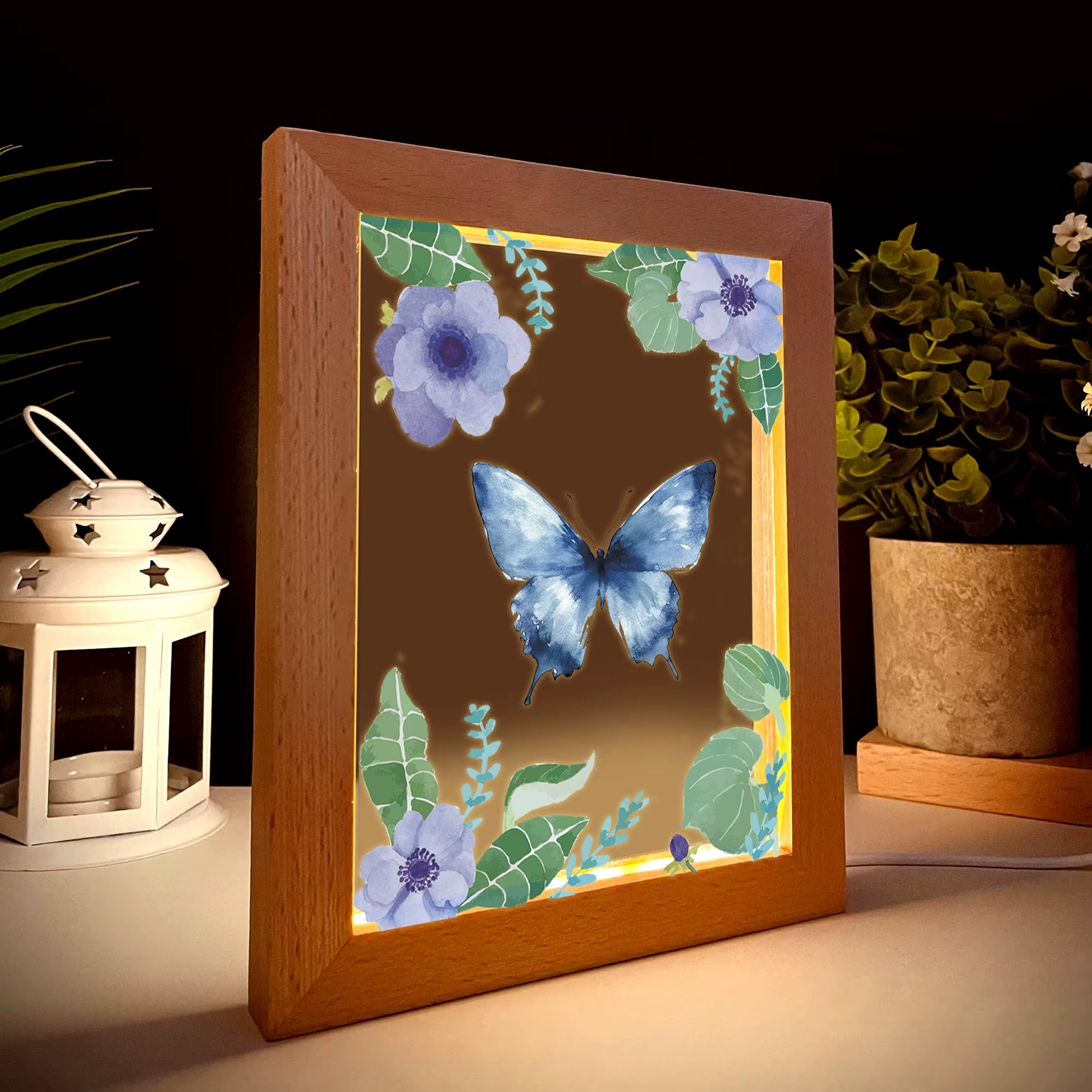 2D Flat Blue Butterfly LED Wood Photo Frame
