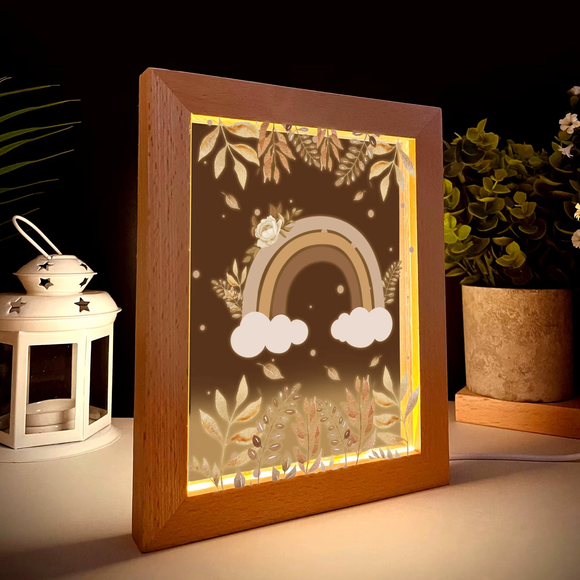 2D Flat Plant Rainbow LED Wood Photo Frame