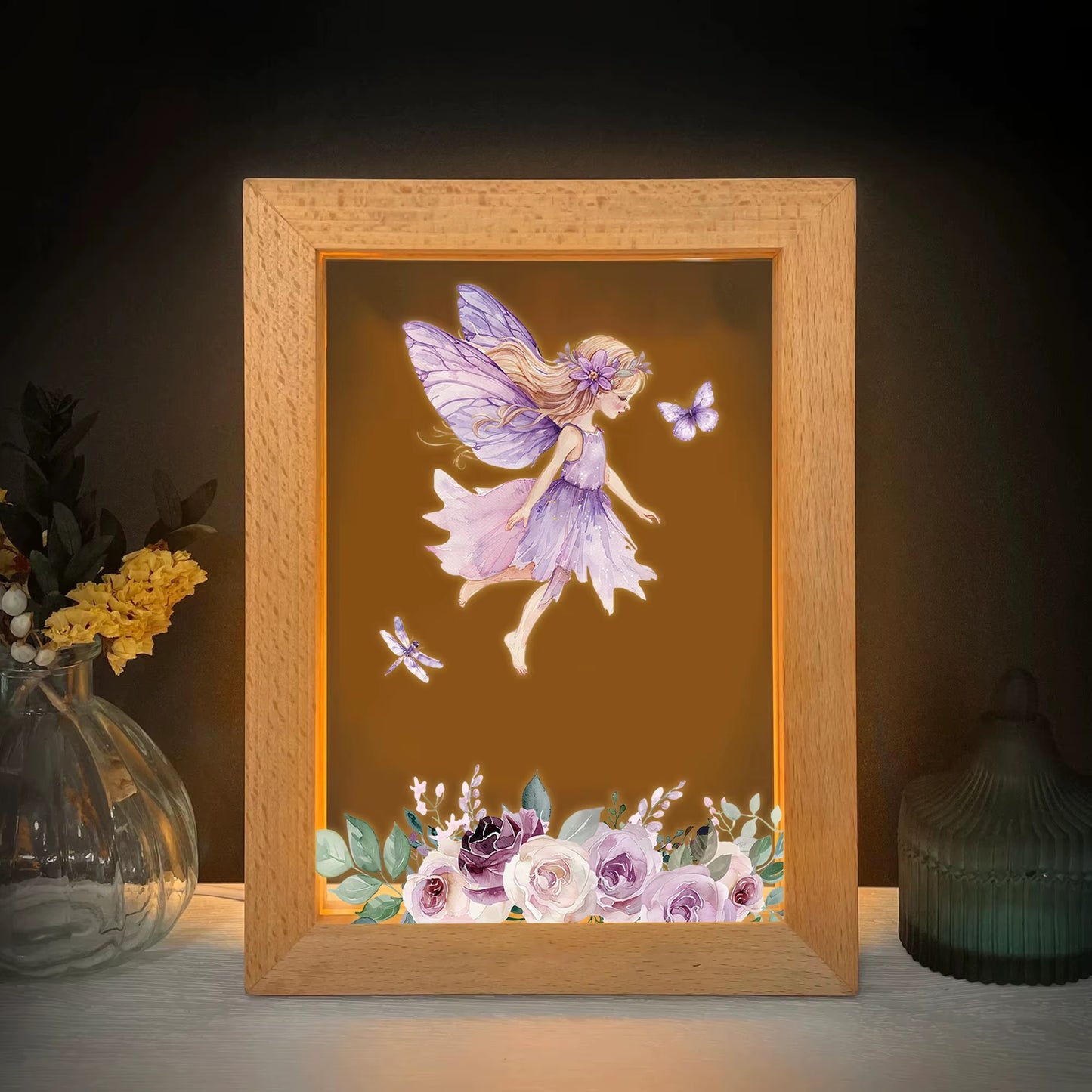 2D Flat Purple Fairy LED Wood Photo Frame