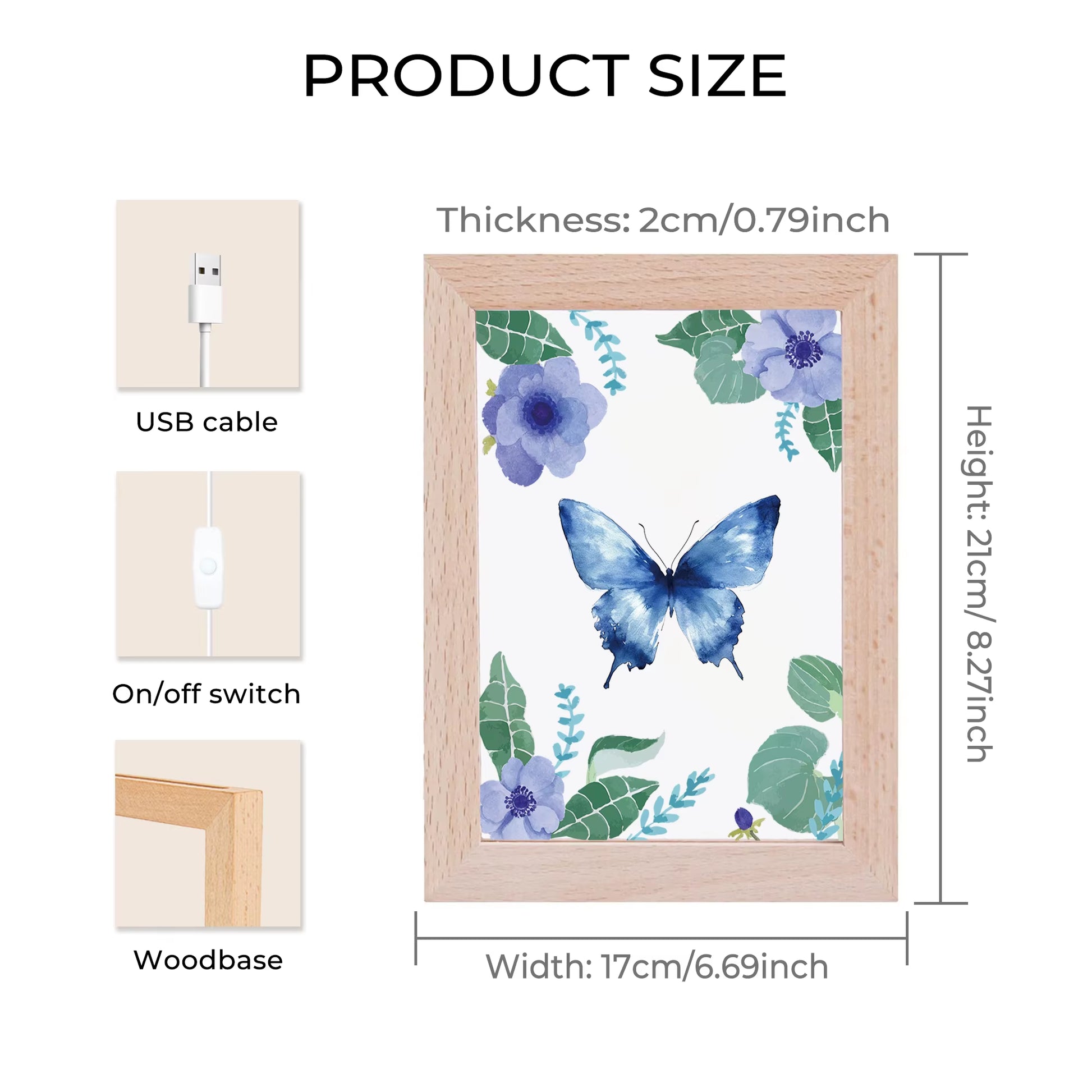 2D Flat Blue Butterfly LED Wood Photo Frame