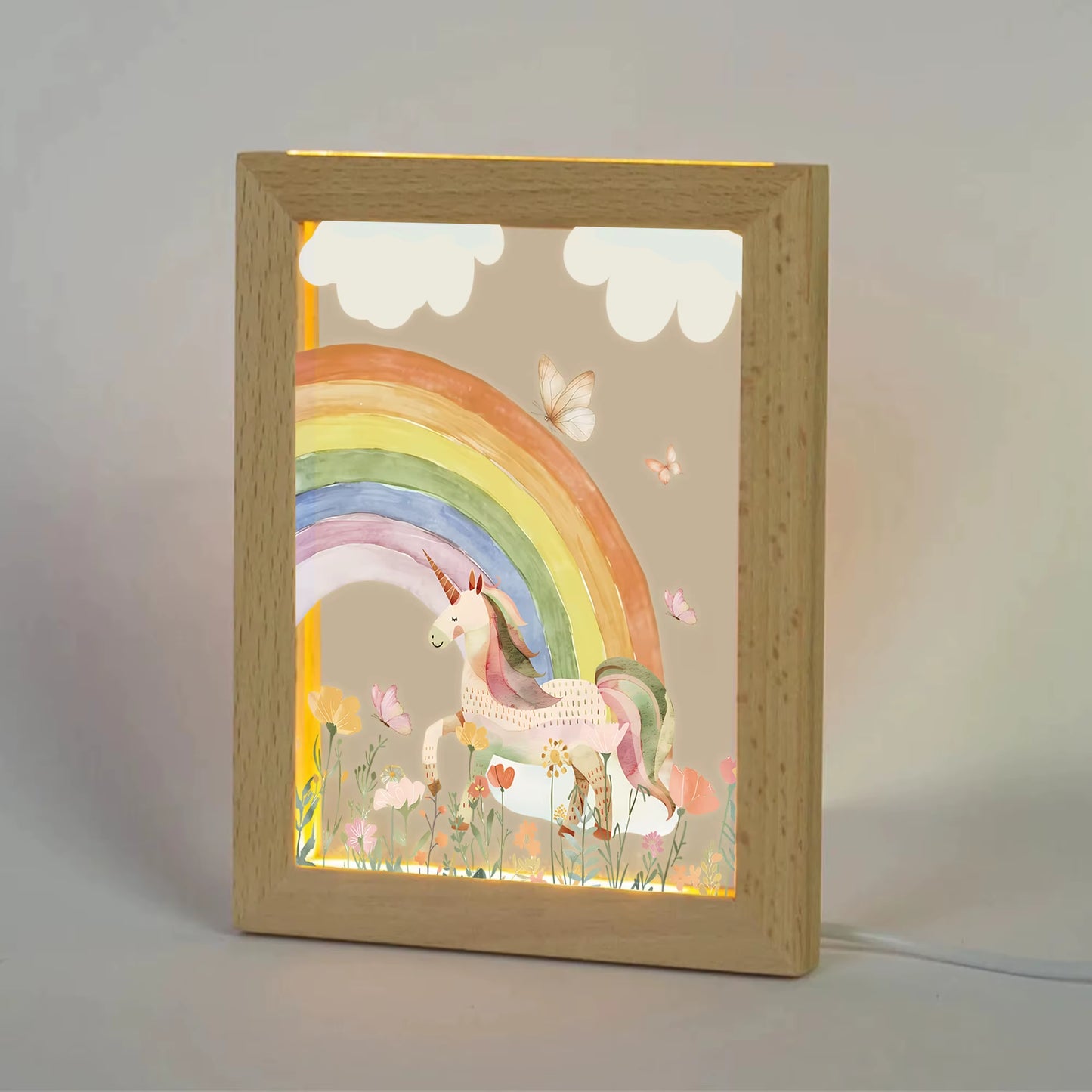 2D Flat White Horse Rainbow LED Wood Photo Frame