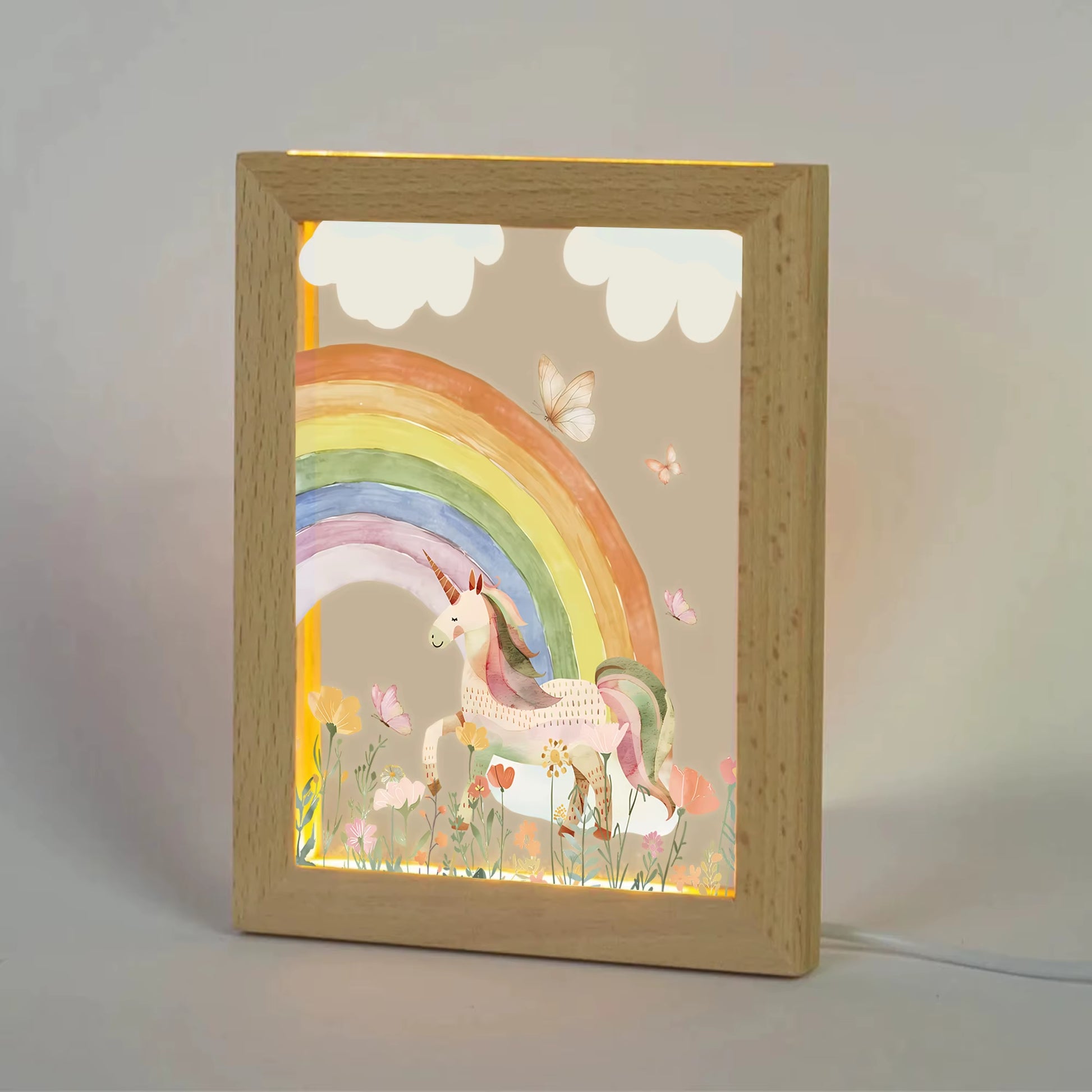 2D Flat White Horse Rainbow LED Wood Photo Frame
