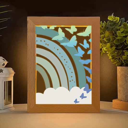 2D Flat Blue Rainbow Butterfly LED Wood Photo Frame