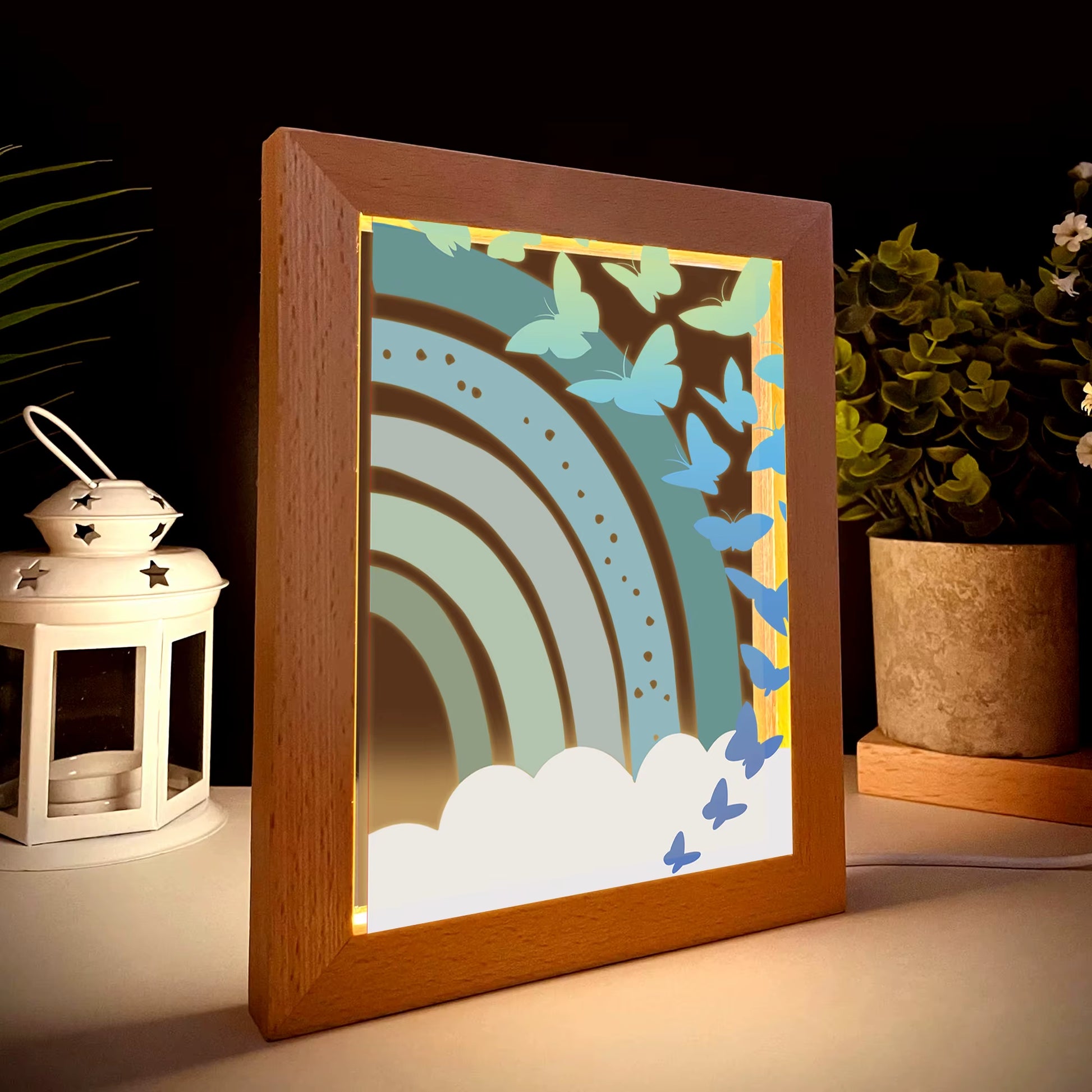 2D Flat Blue Rainbow Butterfly LED Wood Photo Frame