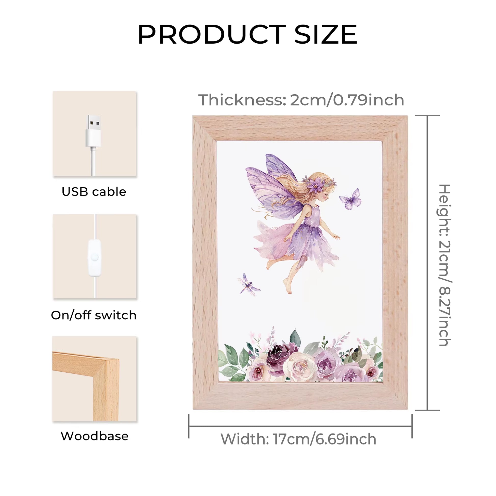 2D Flat Purple Fairy LED Wood Photo Frame