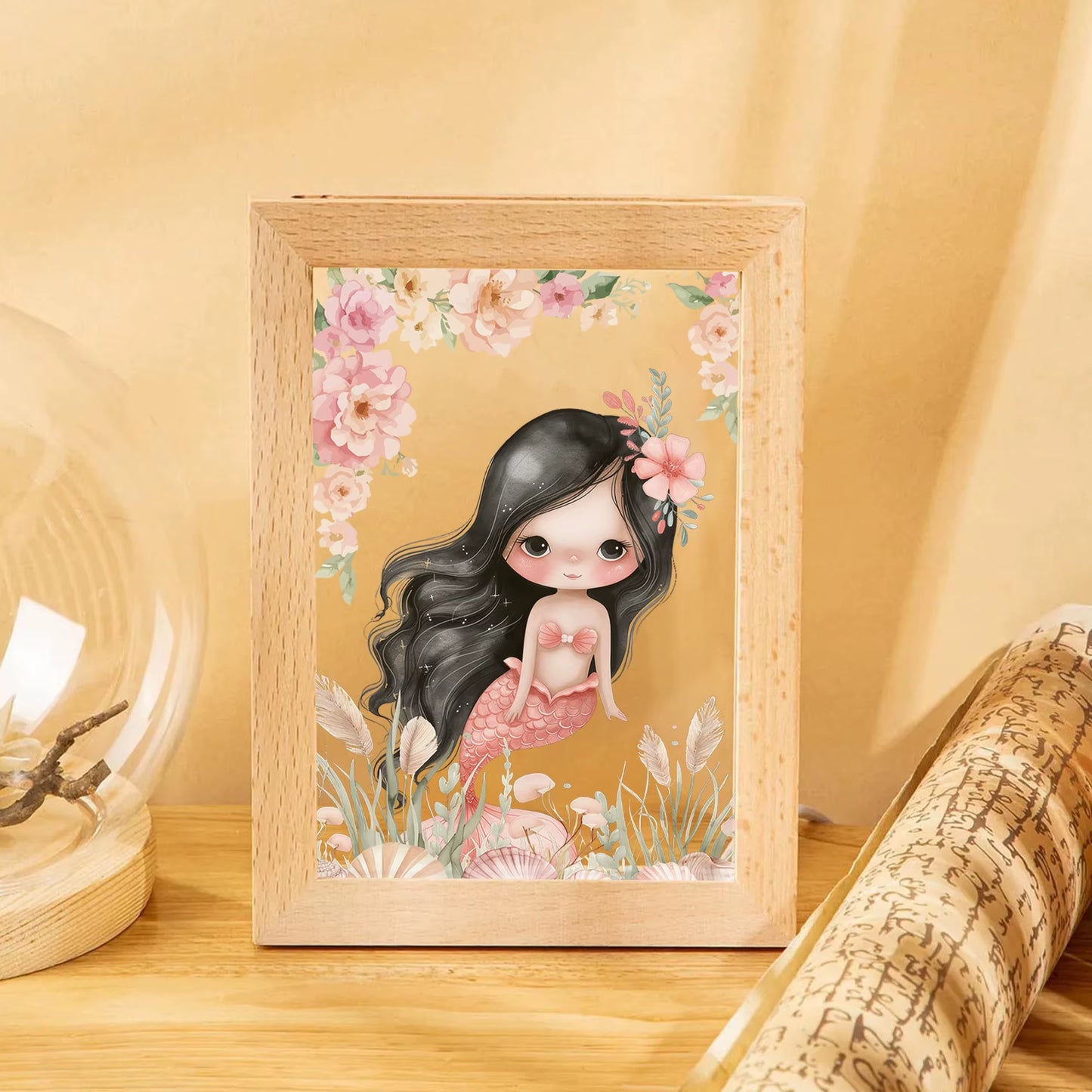 2D Flat Pink Mermaid LED Wood Photo Frame