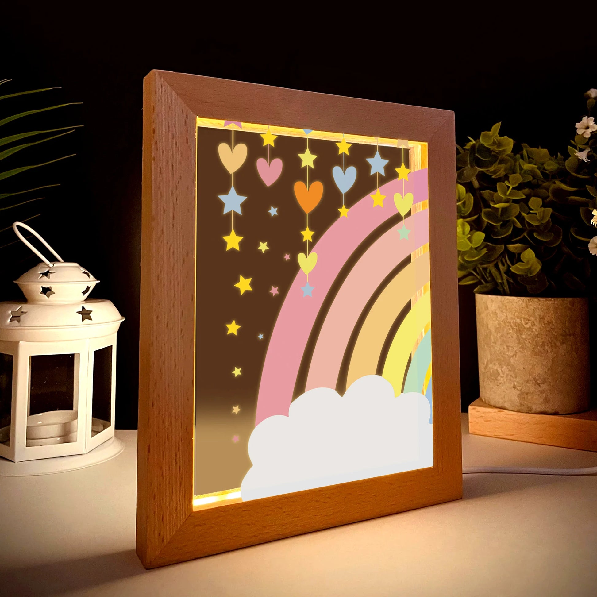 2D Flat Rainbow Cloud LED Acrylic Night Light Wood Photo Frame