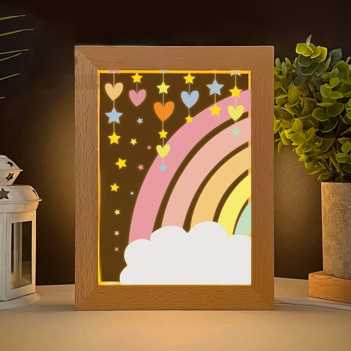 2D Flat Rainbow Cloud LED Acrylic Night Light Wood Photo Frame