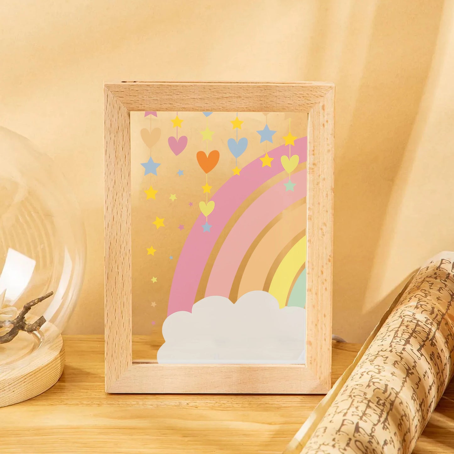 2D Flat Rainbow Cloud LED Acrylic Night Light Wood Photo Frame