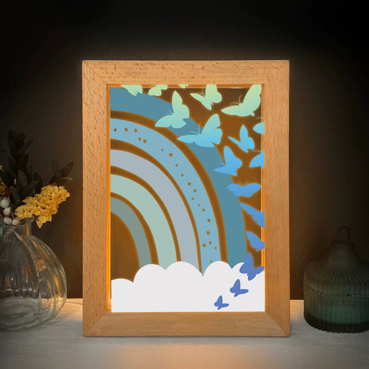2D Flat Blue Rainbow Butterfly LED Wood Photo Frame