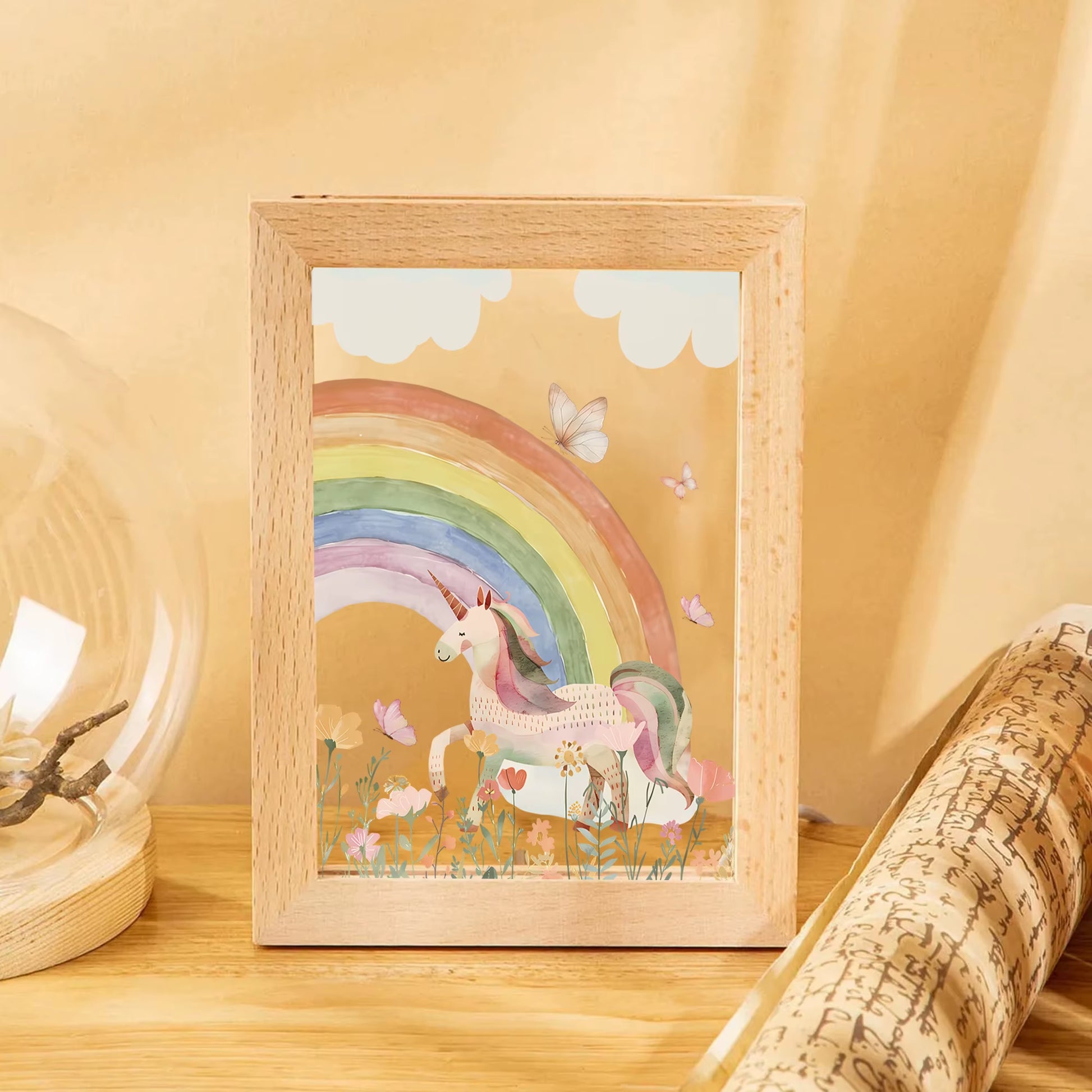 2D Flat White Horse Rainbow LED Wood Photo Frame