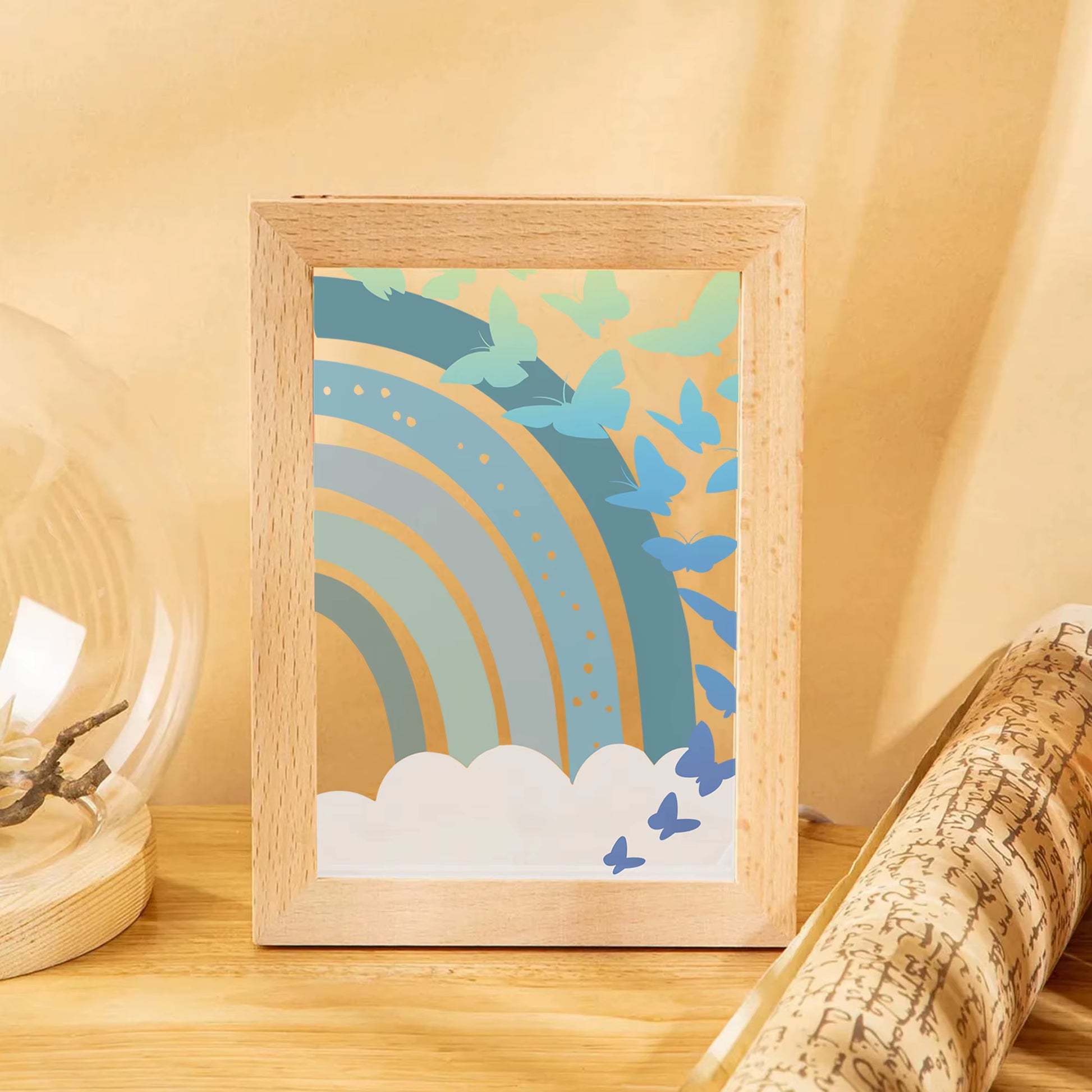 2D Flat Blue Rainbow Butterfly LED Wood Photo Frame