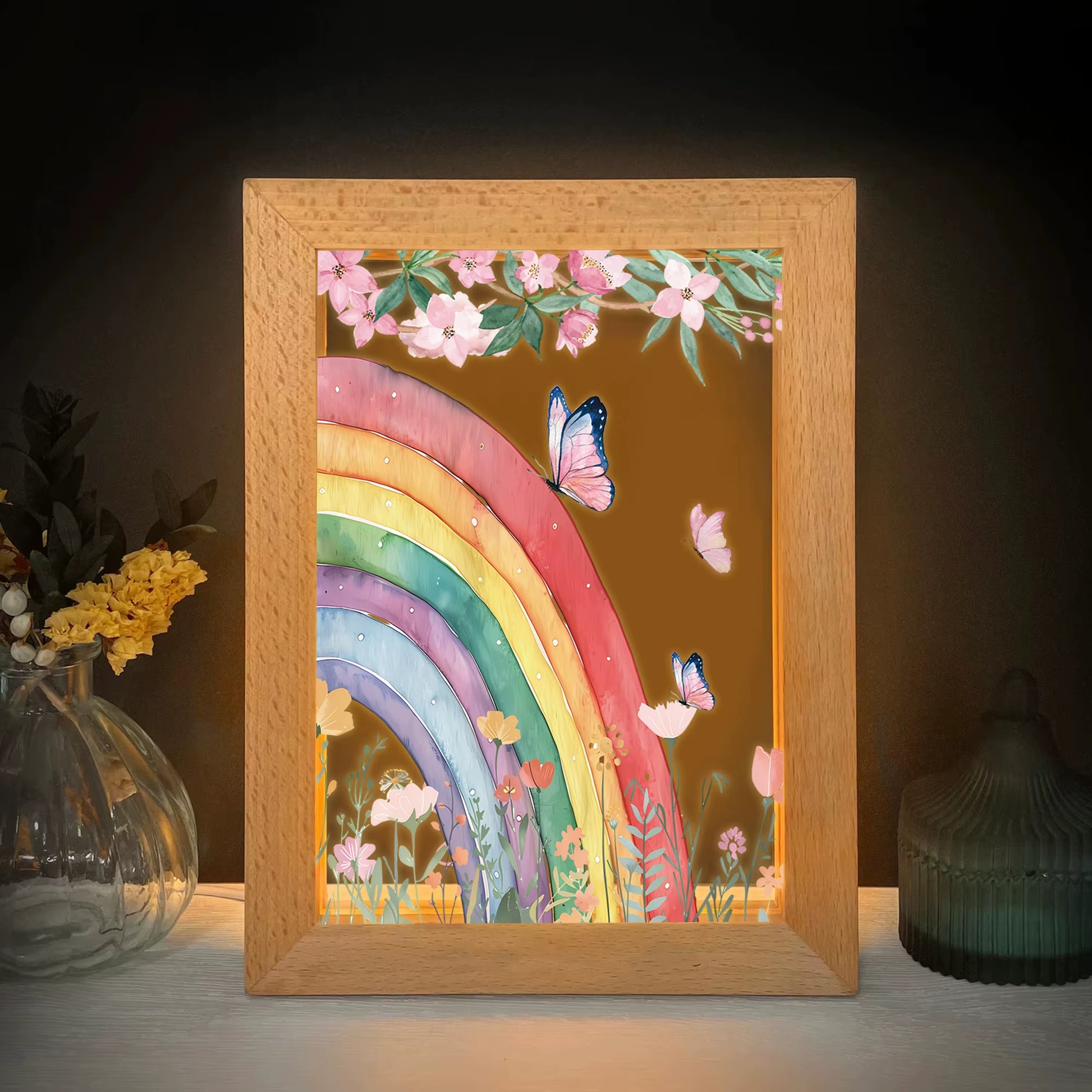 2D Flat Butterfly Flower LED Wood Photo Frame