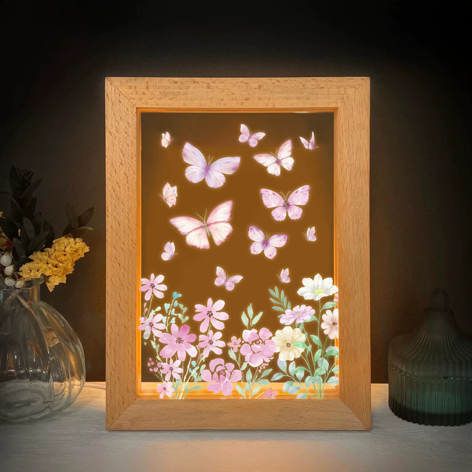 2D Flat Butterfly Bush LED Wood Photo Frame