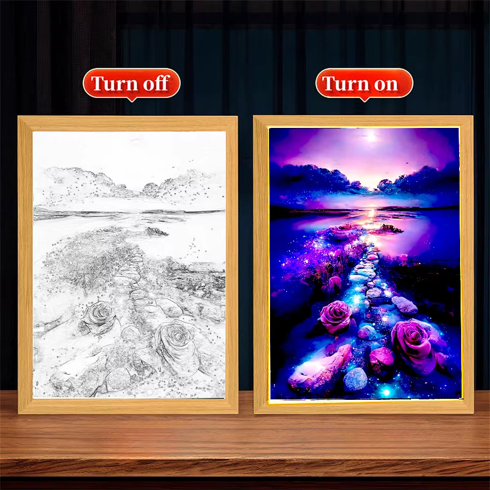 Modern Landscape LED Light Painting Wood Photo Frame