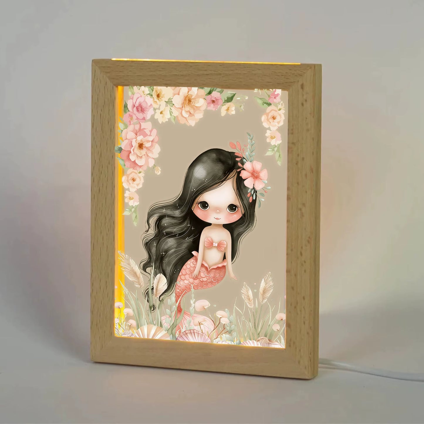 2D Flat Pink Mermaid LED Wood Photo Frame