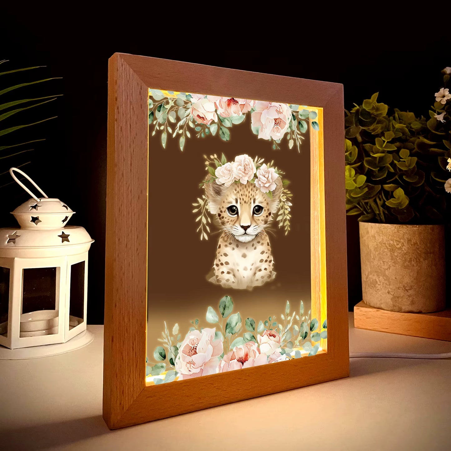 2D Flat Leopard LED Wood Photo Frame
