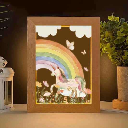 2D Flat White Horse Rainbow LED Wood Photo Frame