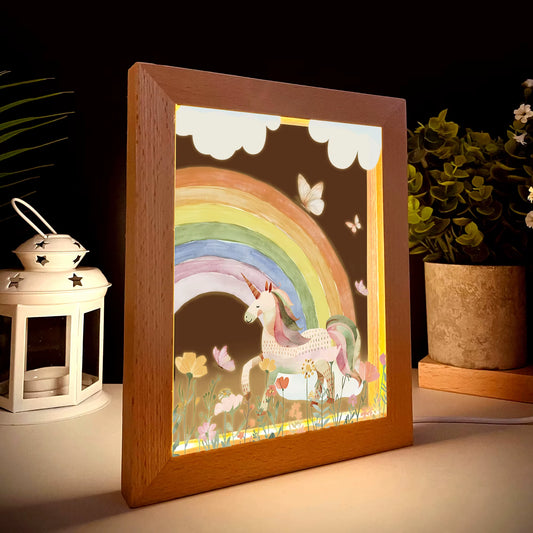 2D Flat White Horse Rainbow LED Wood Photo Frame